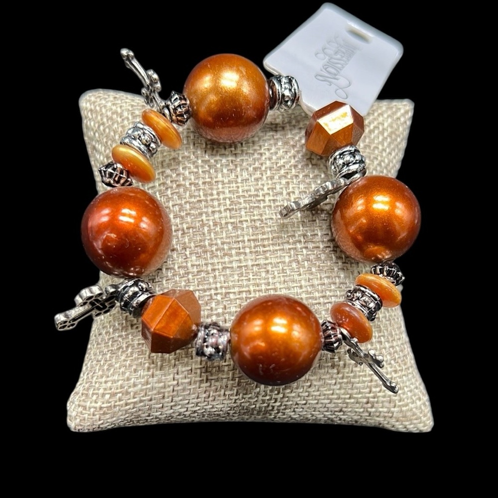 Copper Tone Beaded Stretch Bracelet Cross Charms Silver Tone Religious Boho NEW